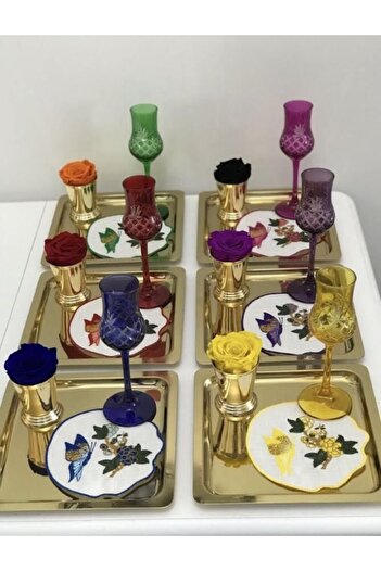 Mira züccaciye 6'lı Lüx Goldkare Paslanmaz Çelik Titanyum Kahve, Çay, Dekoratif Sunum Servis Tepsisi 21x21 Cm