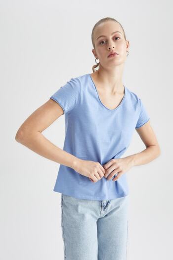 DeFacto Tricou cu mânecă scurtă, cu decolteu în V, 100% bumbac