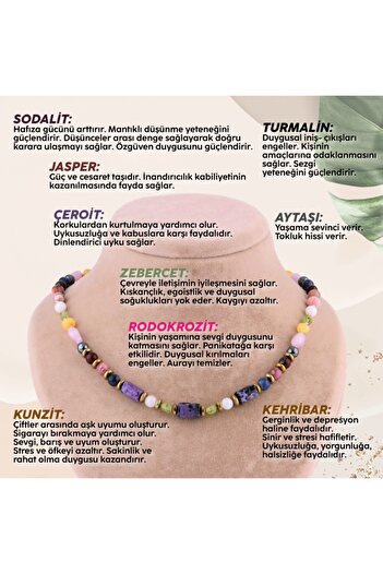 OSMANLI DEĞERLİ TAŞ Sertifikalı Çeroit - Kehribar - Zebercet - Turmalin - Rodokrozit - Ay Doğal Taşı Kolye - 6 Mm M342