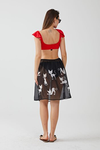 AYSHOME Ays Home Black Cat Patterned Skirt Beachwear