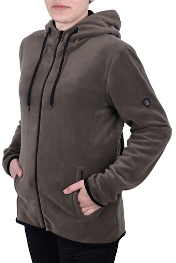 GHASSY CO. Women's Khaki Hooded Zippered Fleece Sweatshirt