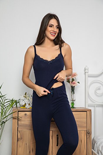 MyBen Women's Navy Blue Colored Lace Detailed Pajama Set with Shorts and Tights, Set of 3 75019