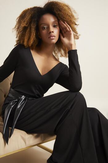 Quincey Women's Black Leather Belted Crepe Jumpsuit