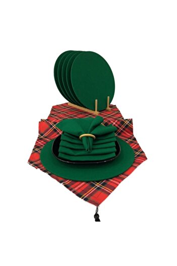 Viemso Plaid Runner, 6 Piece Emerald Green Plate and Napkin Set