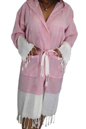 acartekstil Cotton Jacquard Peshtemal Hooded Bathrobe Pink S