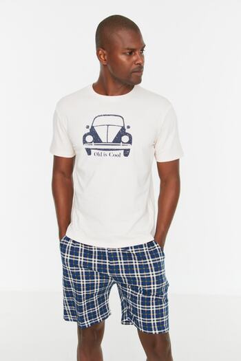 Trendyol Collection Μπεζ Regular Fit Print Λεπτομερή Σετ Πιτζάμες Σορτς THMSS21PT0329