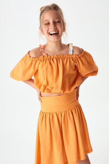 NK Girl's Linen Fabric Skirted Suit with Open Shoulders