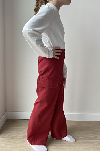 Masnu Çocuk Girl's Pocket Elastic Belted Waist Wide Leg Dark Red Trousers