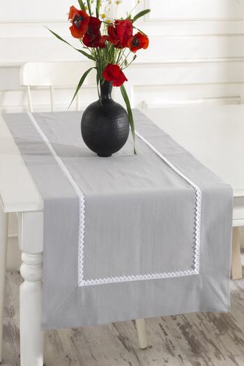 ÖDEL HOME Gray Buldan Fabric with White Laces 50X130 cm Runner