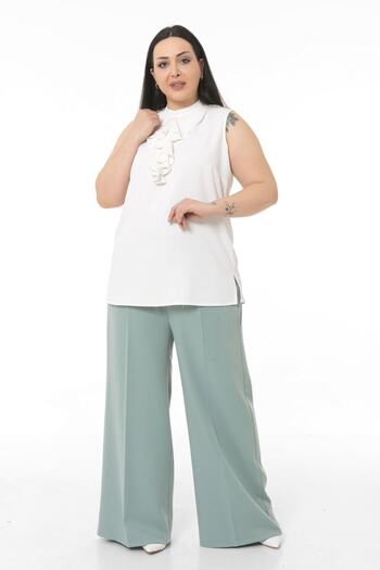 DISENTIS MODEST Plus Size Wide Leg Double Mint Green Trousers with Elastic Waist and Side and Back