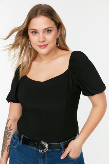 Trendyol Curve Black Heart Collar Balloon Sleeve Knitted Blouse TBBSS22BZ00004