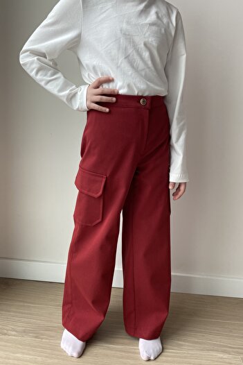 Masnu Çocuk Girl's Pocket Elastic Belted Waist Wide Leg Dark Red Trousers