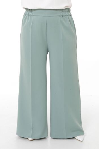 DISENTIS MODEST Plus Size Wide Leg Double Mint Green Trousers with Elastic Waist and Side and Back