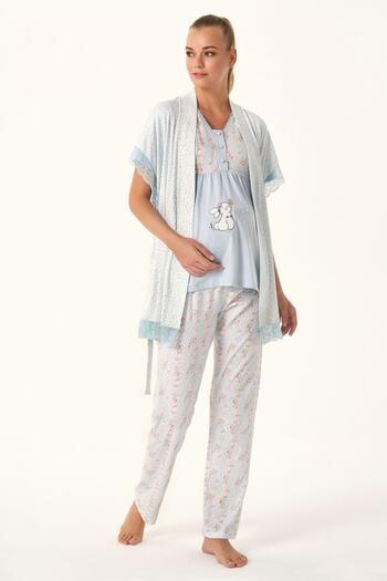 Feyza Pijama Feyza 4483 Women's Blue Rabbit Printed Maternity Pajamas Set with Dressing Gown