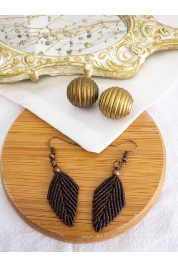 BeuBella Aksesuar Handmade Brown Waxed Rope Macrame Leaf Earrings