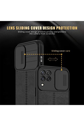 Fibaks Samsung Galaxy A22 - M22 - M32 Compatible Case Sliding Slide Camera Protection Leather Look Silicone