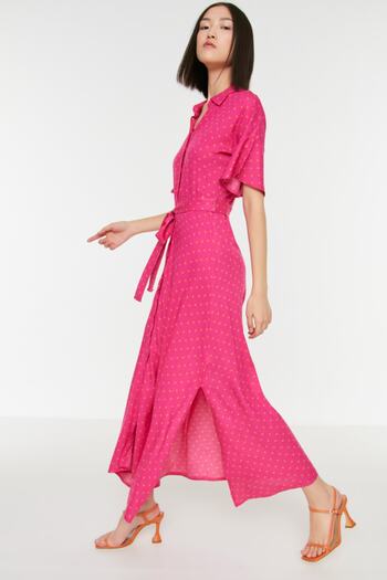 Trendyol Collection Fuchsia Belted Polka Dot Maxi Viscose Woven Shirt Dress TWOSS19EL0094