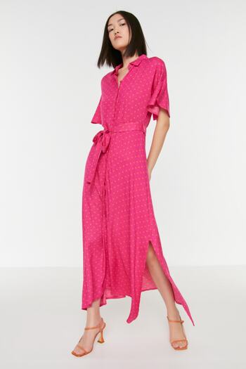 Trendyol Collection Fuchsia Belted Polka Dot Maxi Viscose Woven Shirt Dress TWOSS19EL0094