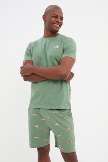 Trendyol Collection Πιτζάμες με πράσινη στάμπα 100% βαμβακερή κανονική εφαρμογή με σορτς - THMSS21PT0920