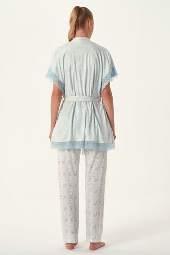 Feyza Pijama Feyza 4483 Women's Blue Rabbit Printed Maternity Pajamas Set with Dressing Gown