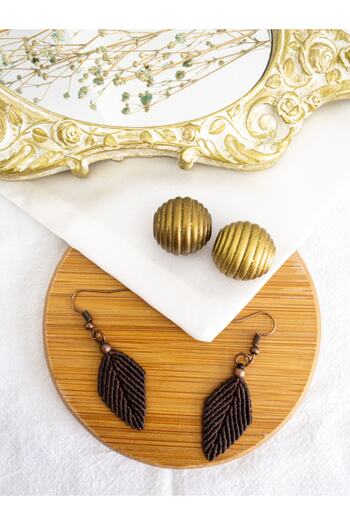 BeuBella Aksesuar Handmade Brown Waxed Rope Macrame Leaf Earrings