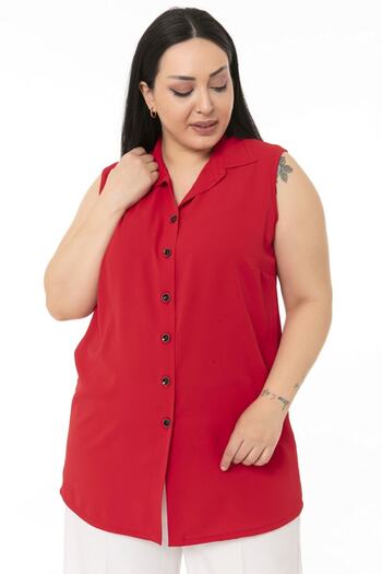 DISENTIS MODEST Plus Size Shirt Collar Buttoned Sleeveless Red Shirt