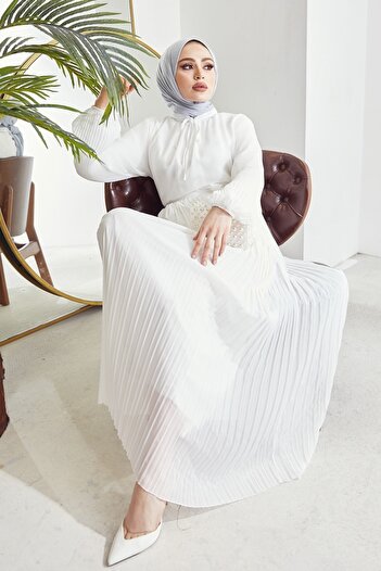 InStyle Asel Pleated Sleeves Chiffon Hijab Dress - White
