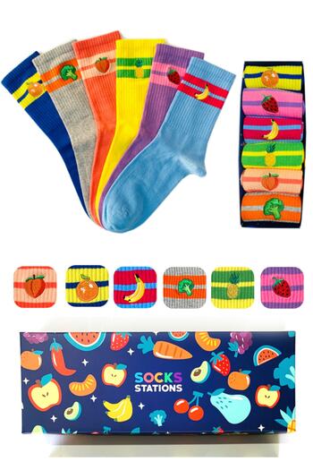 Socks Stations Унисекс кутия с пастелни чорапи с бродерия с плодове, комплект от 6 броя
