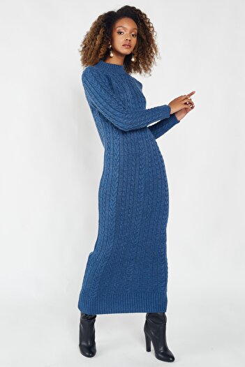 Hopoi Rochie de damă din tricotaj cu model împletit cu păr indigo Cck9090