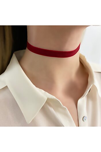 takıperest Kırmızı Kadife Ince Tasma Choker Kolye