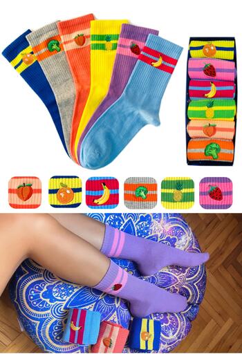 Socks Stations Унисекс кутия с пастелни чорапи с бродерия с плодове, комплект от 6 броя