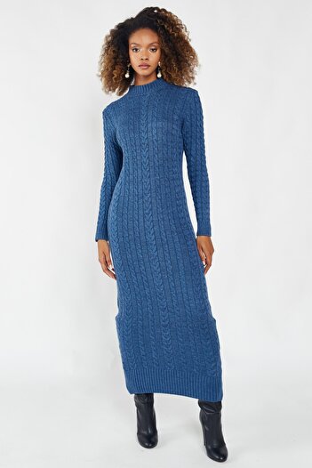 Hopoi Rochie de damă din tricotaj cu model împletit cu păr indigo Cck9090