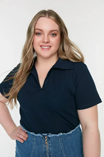Trendyol Curve Navy Blue Polo Neck Bodysitting Ribbed Knitted Blouse Tbbss22Bz0750