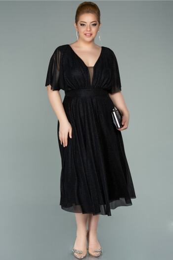 Abiyefon Black Short Sleeve Midi Glitter Plus Size Evening Dress Abk1253