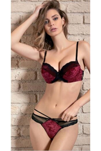 Anıl Women's Burgundy Velvet Underwire Supported Lace Bra Panty Set