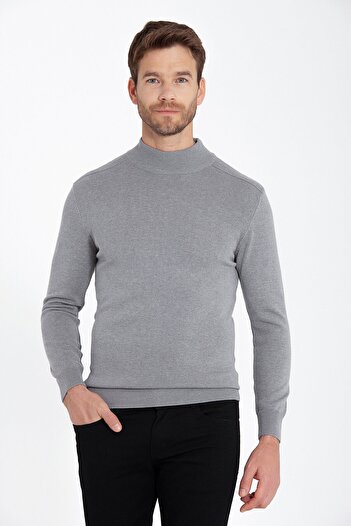 Hatemoğlu Gray Regular Fit Plain Half Turtleneck Cotton Knitwear Sweater