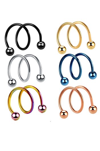 VipBT 6 Renkli  Spiral Orbital Helix Tragus Lobe 316L Cerrahi Çelik Kıkırdak Küpe Piercing Set