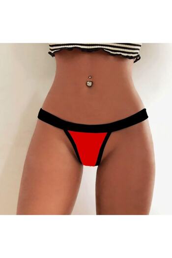 Secret Passion Lingerie Waist Part Black Stripe Rubber, Red Stretchy Fabric Fancy Thong