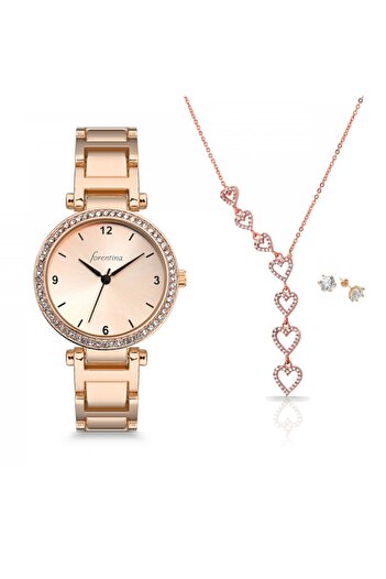 Forentina Rose Ladies Wristwatch Dangle Heart Necklace Earrings Set Ps1617