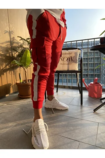 AUST GİYİM Men's Red Striped Cargo Sweatpants
