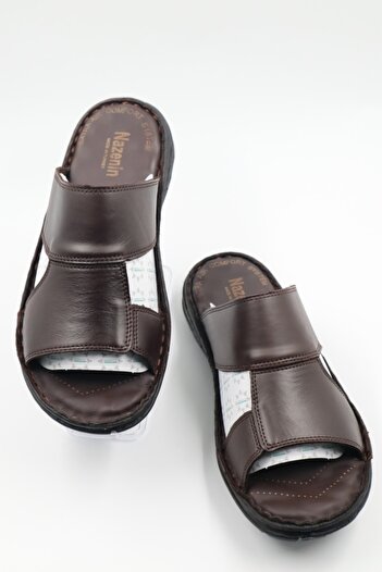 nazenintasarımlar Men's Genuine Leather Massage Sole Brown Slippers