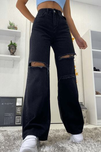 Trn JNS Ripped Extra High A.c.a.i.p S.o.l.m.a.z Black Loose Ripped Jean Trousers (SUPER HIGH NON-FADE)