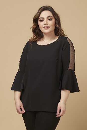 Moda Alba Black Sleeve Pearl Flounce Plus Size Stylish Blouse