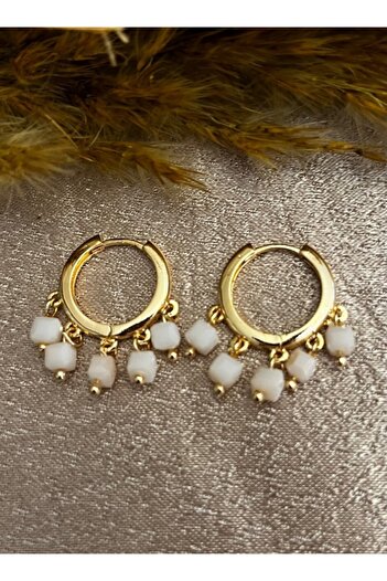 Markiz Takı White Bead Dangle Hoop Earrings 2 Cm
