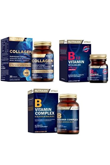 Nutraxin Type 1 and Type 3 - 30 Tablets Containing Hydrolyzed Collagen + B12 1000mcg 60 Tablets + Vitamin B Complex