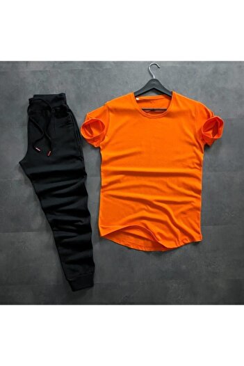 NewCabin Unisex Oval Cut Slim Fit Orange T-Shirt Black Color Tracksuit Bottom Top Set