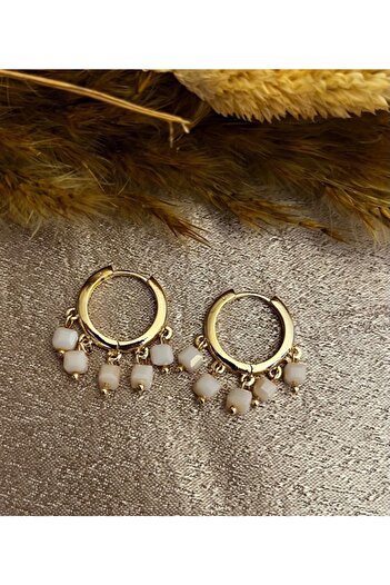 Markiz Takı White Bead Dangle Hoop Earrings 2 Cm