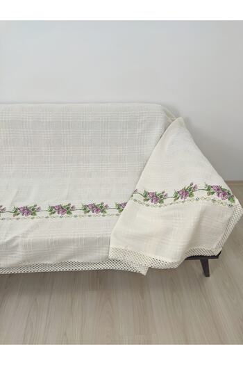 TUNCAY TEKSTİL 350 cm Purple Cross Stitch Sofa Bed Sofa Cover - Embroidered Sofa