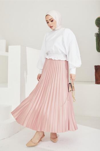 benguen 4521 Model Pleated Skirt with Elastic Waist - Powder