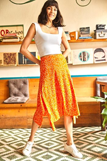 Olalook Women's Orange Asymmetrical Patterned Skirt ETK-19000122